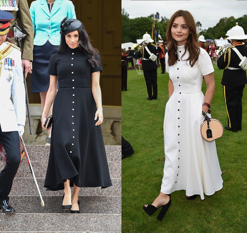 <p>Jenna Coleman (a.k.a. Prince Harry's ex) made headlines when she wore the <a href="https://www.harpersbazaar.com/celebrity/latest/a23984915/meghan-markle-jenna-coleman-emilia-wickstead-dress-royal-tour/" rel="nofollow noopener" target="_blank" data-ylk="slk:same Emilia Wickstead dress his wife;elm:context_link;itc:0;sec:content-canvas" class="link ">same Emilia Wickstead dress his wife</a>, the Duchess of Sussex, wore in October 2018. However, Coleman opted for a more summery take on the frock by picking up the dress in white.</p>