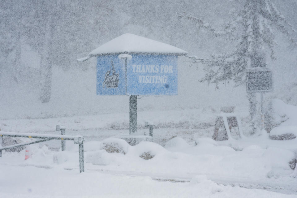 Snow falls on the Big Mountain Resort property during a storm, Saturday, March 30, 2024, in Big Bear Lake, Calif. (Big Mountain Resort via AP)