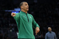 Boston Celtics head coach Joe Mazzulla directs his team during the first half of an NBA basketball game against the Orlando Magic, Sunday, Dec. 18, 2022, in Boston. (AP Photo/Mary Schwalm)