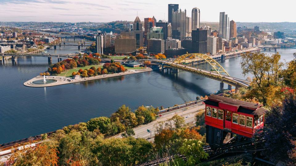 an aerial shot of pittsburgh, a good housekeeping pick for best cheap places to travel