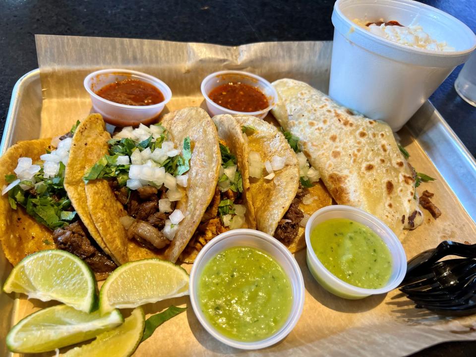 A tray of tacos from Chilangos Tacos in Assembly Food Hall in downtown Nashville on May 9, 2023