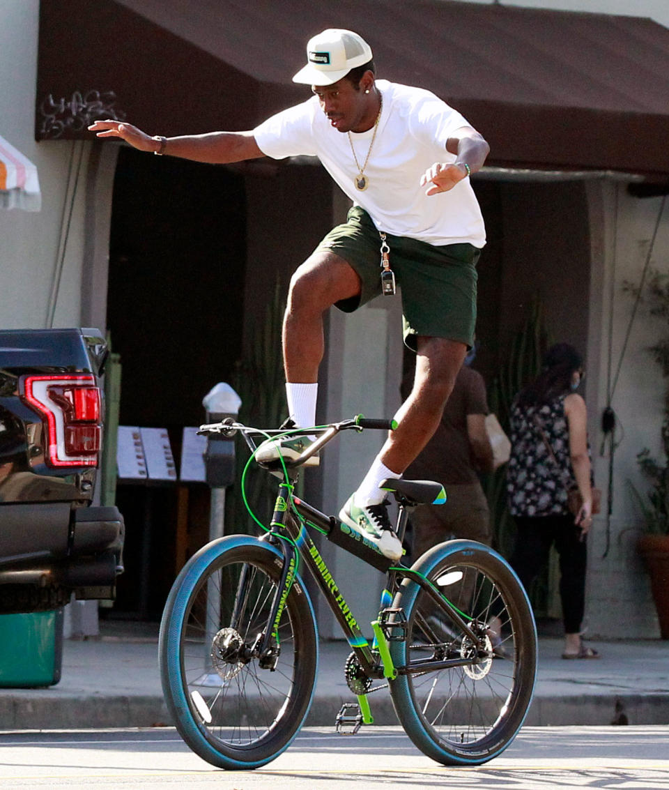 <p>Tyler, the Creator demonstrated his bike skills during a ride in Los Angeles.</p>