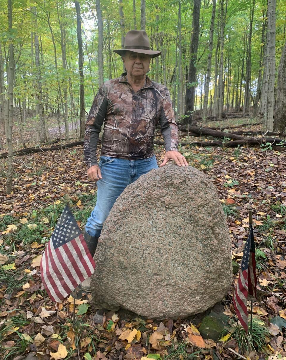 Bill Stanley stands next to the Frank the War Horse Monument that is located on his farm in Nevada, Ohio.