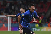 Italy's Matteo Pessina, left, celebrates after scoring his side's second goal during the Euro 2020 soccer championship round of 16 match between Italy and Austria at Wembley stadium in London in London, Saturday, June 26, 2021. (Ben Stansall/Pool Photo via AP)