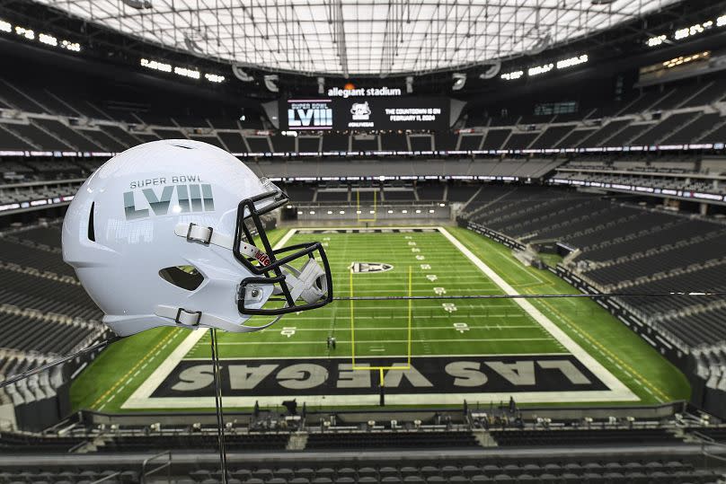 A helmet with a “Super Bowl LVIII” logo is seen following a news conference Wednesday, December 15, 2021, at Allegiant Stadium to announce that Super Bowl LVIII will be held i