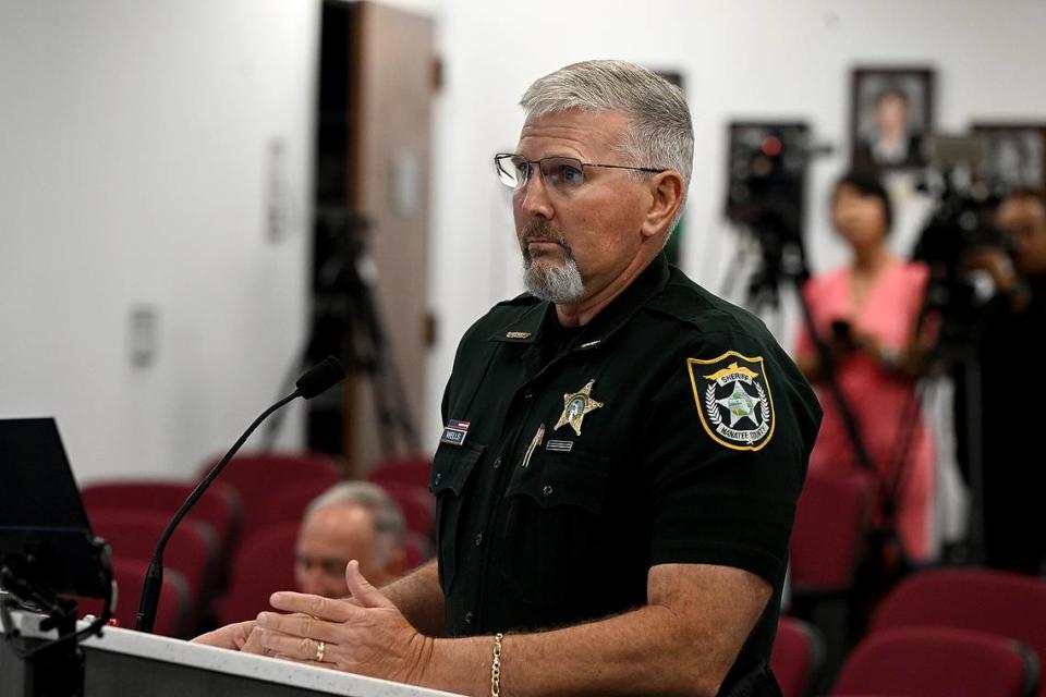 Sheriff Rick Wells presents during a special Manatee County Commission meeting Tuesday, April 16, 2024 on the impacts of illegal immigration in the county.