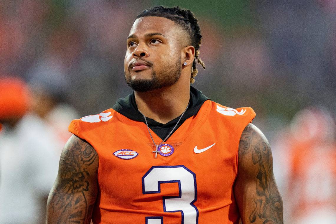 Clemson defensive end Xavier Thomas (3) looks on before an NCAA college football game against Louisiana Tech Saturday, Sept. 17, 2022, in Clemson, S.C. (AP Photo/Jacob Kupferman)