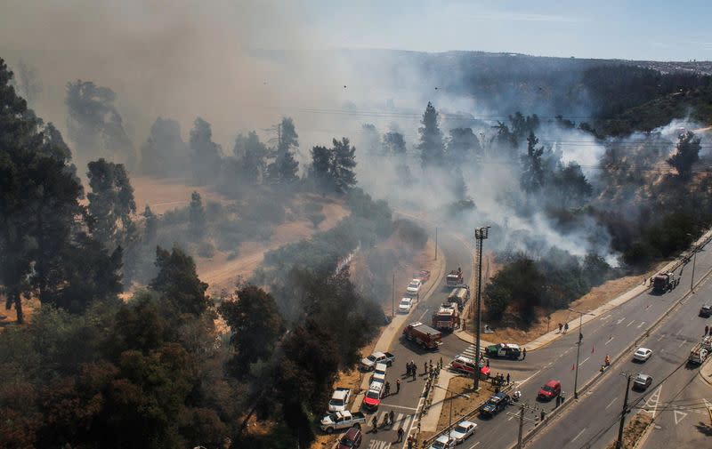 An aerial view shows a wildfire at the 'Jardin Botanico' area, Vina del Mar, in Valparaiso