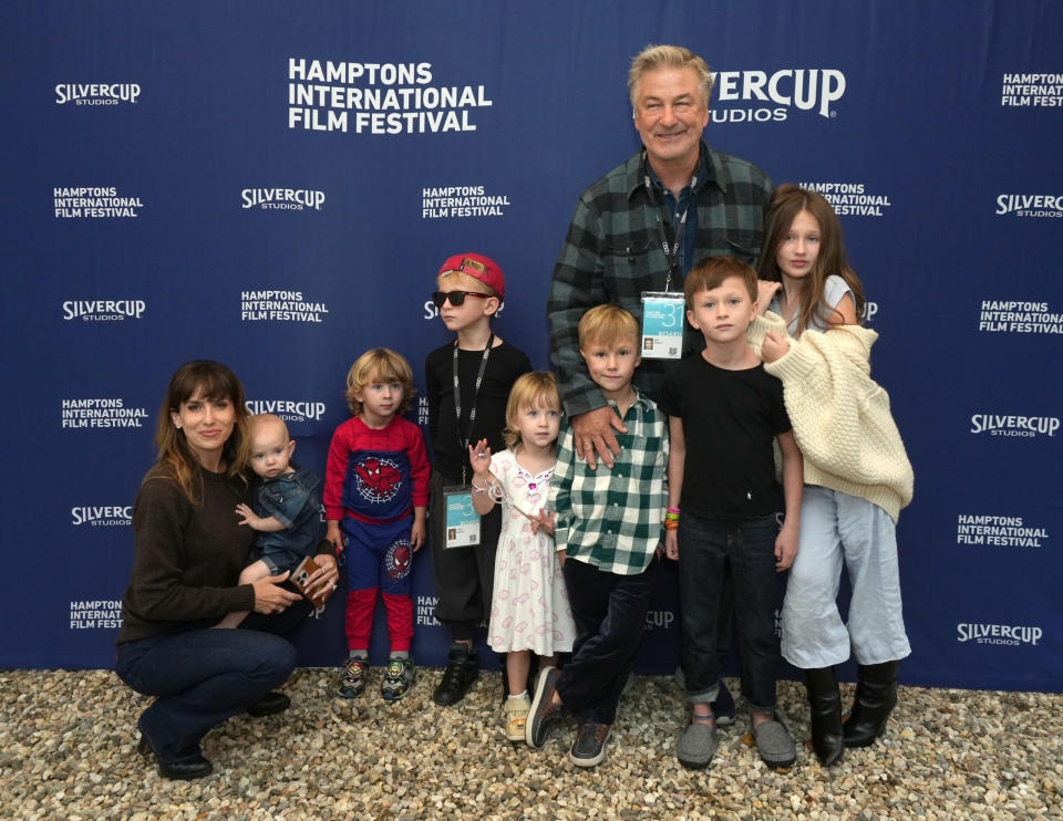 EAST HAMPTON, NEW YORK – OCTOBER 7: Actor Alec Baldwin and his wife Hilaria Baldwin and their children (L-R) Ilaria Baldwin, Eduardo Baldwin, Leonardo Baldwin, Maria Lucia Baldwin, Romeo Baldwin, Rafael Baldwin and Carmen Baldwin attend the Chairman’s Reception at the 2023 Hamptons International Film Festival on October 07, 2023 in East Hampton, New York. (Photo by Sonia Moskowitz/Getty Images)
