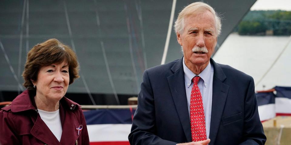 Sen. Susan Collins, R-Maine, left, and Sen. Angus King, I-Maine, take questions from reporters, Saturday, Oct. 2, 2021, in Bath, Maine.