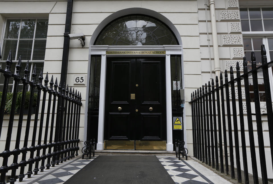 FILE - This Thursday, April 24, 2014, file photo, shows the entrance to the Southbank International School in central London where suspected child molester William James Vahey was a teacher from 2009-2013. Vahey went to work at the Westminster campus of London’s Southbank International School, with about 350 pupils from 70 countries. The FBI regards Vahey as one of the most prolific pedophiles in memory and has set off a crisis in the community of international schools, where parents are being told that their children may have been victims, and administrators are scurrying to close loopholes exposed by Vahey’s abuses. (AP Photo/Sang Tan, File)