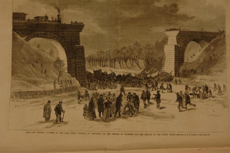 This rendering shows the scene of a train crash when a bridge collapsed during a blizzard in 1876 in Ashtabula. Len and Patti Brown of Canal Fulton have headed the creation of a PBS documentary about the disaster.