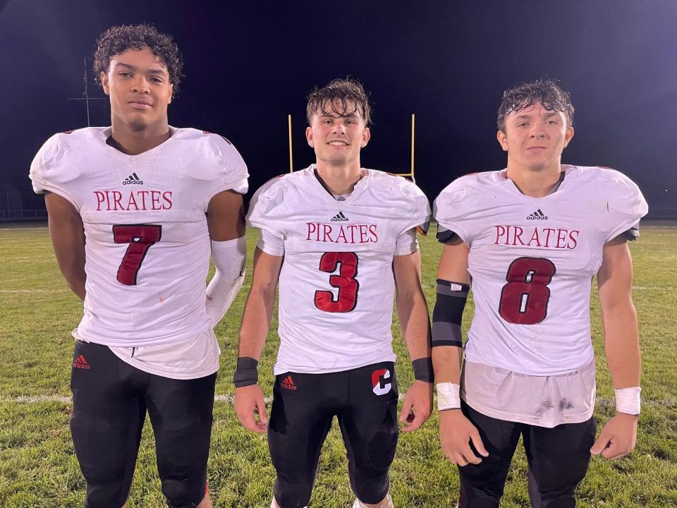 Cinnaminson's Michael Beers, left, Brian Finerghty, center, and Gavin Prendergast led the Pirates to a 26-7 victory over Collingswood on Friday, Sept. 1, 2023.