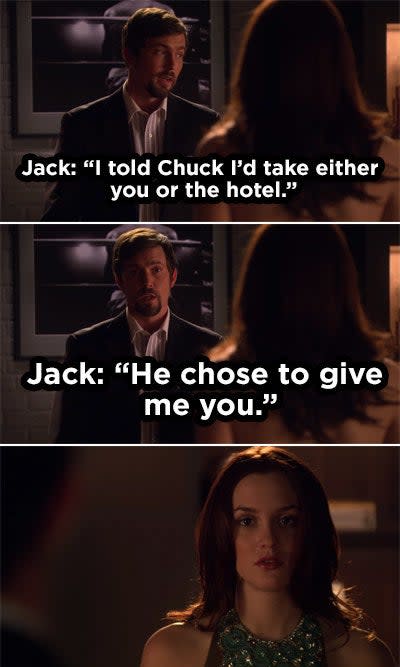 Chuck's uncle telling Blair that Chuck traded a night with here for a hotel