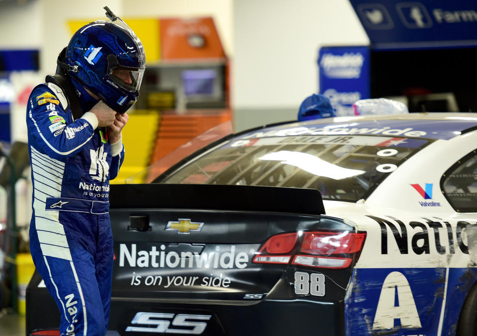 Dale Earnhardt Jr., driver of the #88 Nationwide Chevrolet, removes his helmet in the garage area after being involved in an on-track incident during the Monster Energy NASCAR Cup Series 59th Annual Coke Zero 400 Powered By Coca-Cola at Daytona International Speedway on July 1, 2017 in Daytona Beach, Florida. (Photo by Jared C. Tilton/Getty Images)