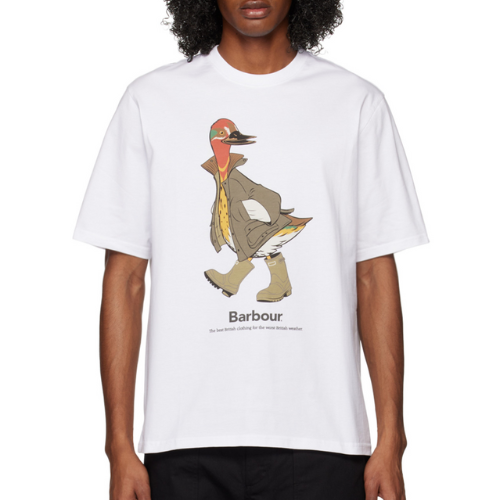 man wearing barbour white noah edition t-shirt