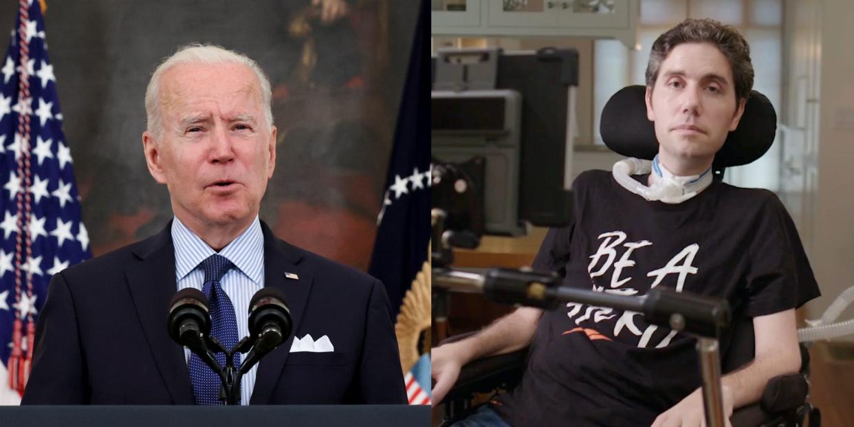 A composite image of President Joe Biden and progressive health campaigner Ady Barkan