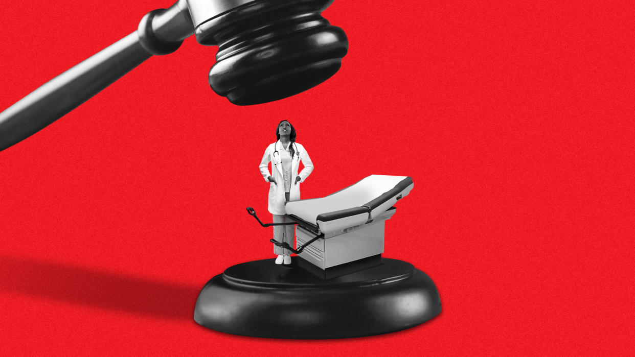 Abortion restrictions illustrated by an ob-gyn, an exam table and judge's gavel.