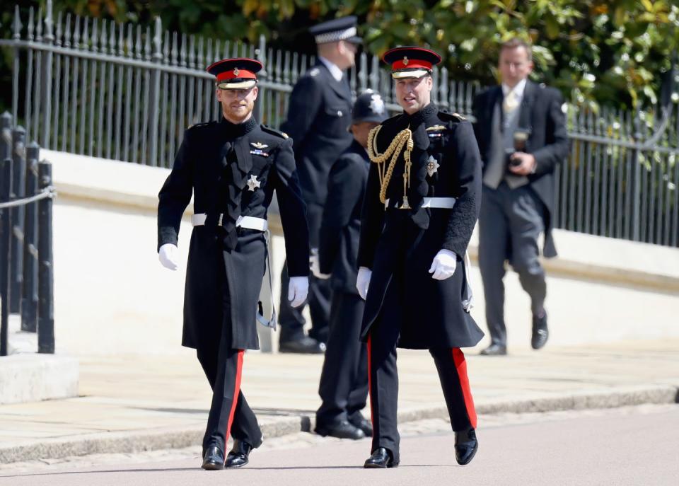 Prince Harry walks to St. George's Chapel with his brother, the Duke of Cambridge.