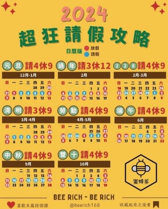 蜜蜂爹整理2024年請假攻略年曆版本。（圖／翻攝自蜜蜂爹　IG）