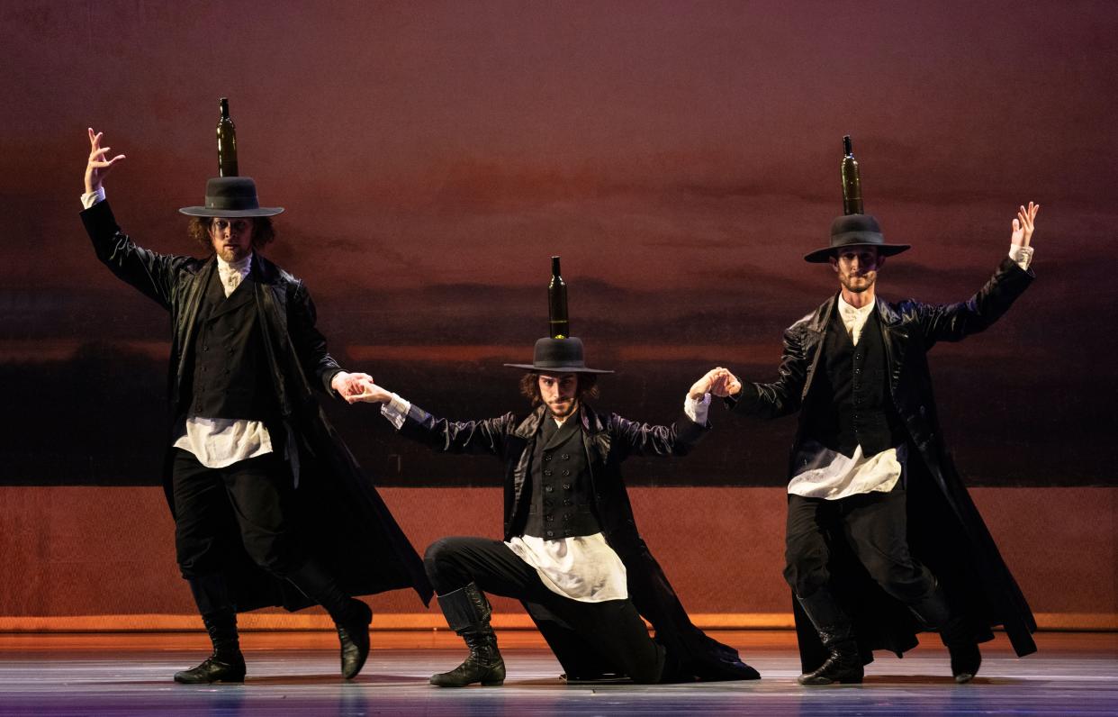 Scott Willits (villager), Eddieomar Gonzalez-Castillo (villager) and Honza Relichovsky (villager) in the North American tour of "Fiddler on the Roof."