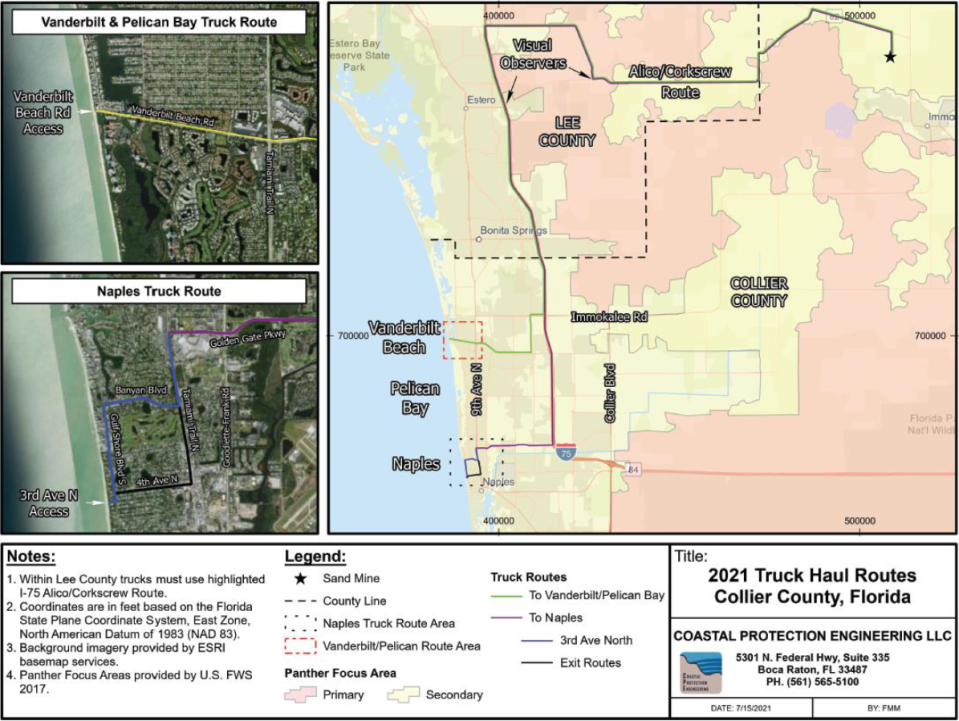 Truck routes are mapped out for the $5million beach renourishment project in Collier County. Trucks will soon use the Vanderbilt Beach and Pelican Bay routes as the Naples Beach portion wraps up.