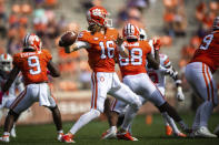 Clemson quarterback Trevor Lawrence (16) throws a pass during an NCAA college football game against Syracuse in Clemson, S.C., on Saturday, Oct. 24, 2020. (Ken Ruinard/Pool Photo via AP)