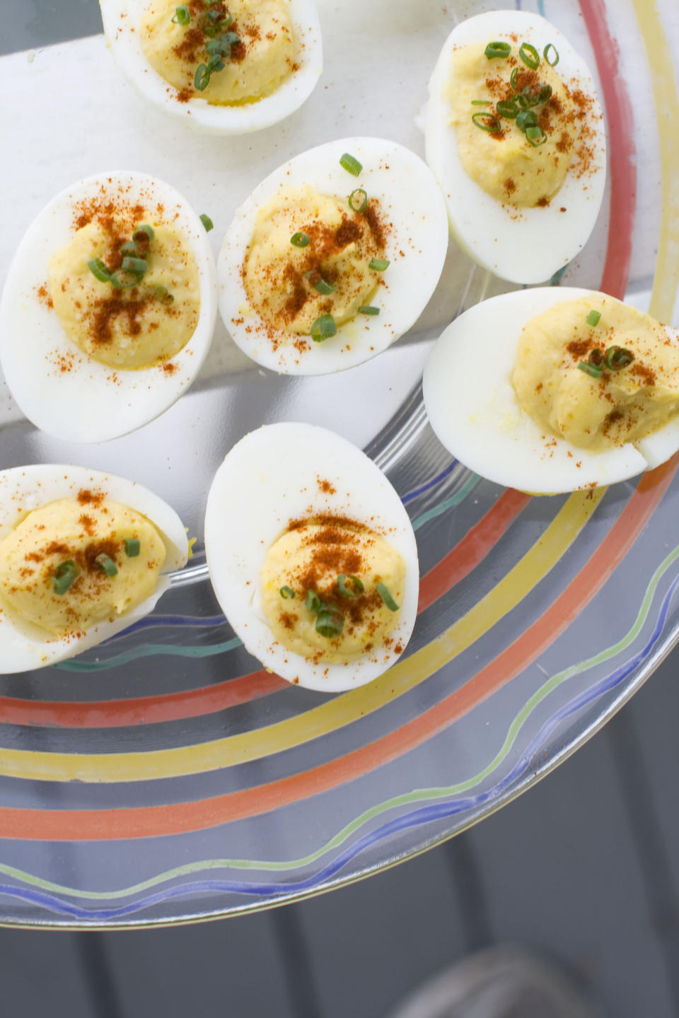 This image taken on Monday, April 30, 2012 in Condord, N.H. shows a classic recipe for deviled eggs by Elizabeth Karmel. (AP Photo/Matthew Mead)