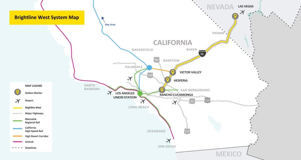 A map showing the planned route and stations for a high-speed rail between Los Angeles and Las Vegas.