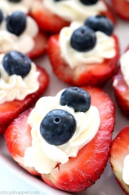 <p>CincyShopper</p><p>A light dessert perfect after all that heavy backyard barbecue food.</p><p><strong>Get the recipe: <a href="http://cincyshopper.com/red-white-blue-strawberry-cheesecake-bites/" rel="nofollow noopener" target="_blank" data-ylk="slk:Red, White and Blue Strawberry Cheesecake Bites;elm:context_link;itc:0;sec:content-canvas" class="link ">Red, White and Blue Strawberry Cheesecake Bites</a></strong></p>