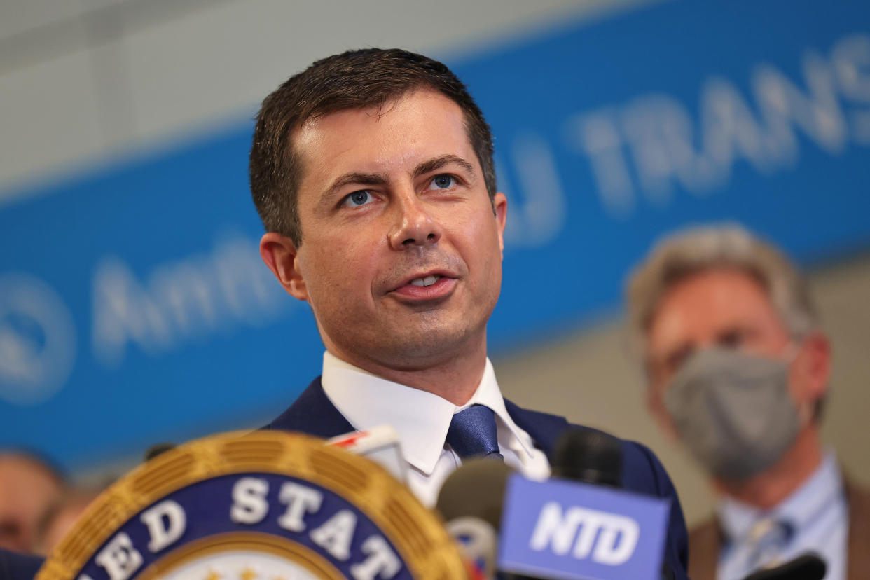 NEW YORK, NEW YORK - JUNE 28: U.S. Secretary of Transportation Pete Buttigieg speaks during a press conference to announce the 