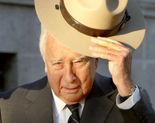 Historian and author David McCullough tips a ranger hat he received as part of the National Park Service Honorary Ranger Award he received on Boston Common in Boston on Oct. 4, 2016. (Photo: Boston Globe via Getty Images)