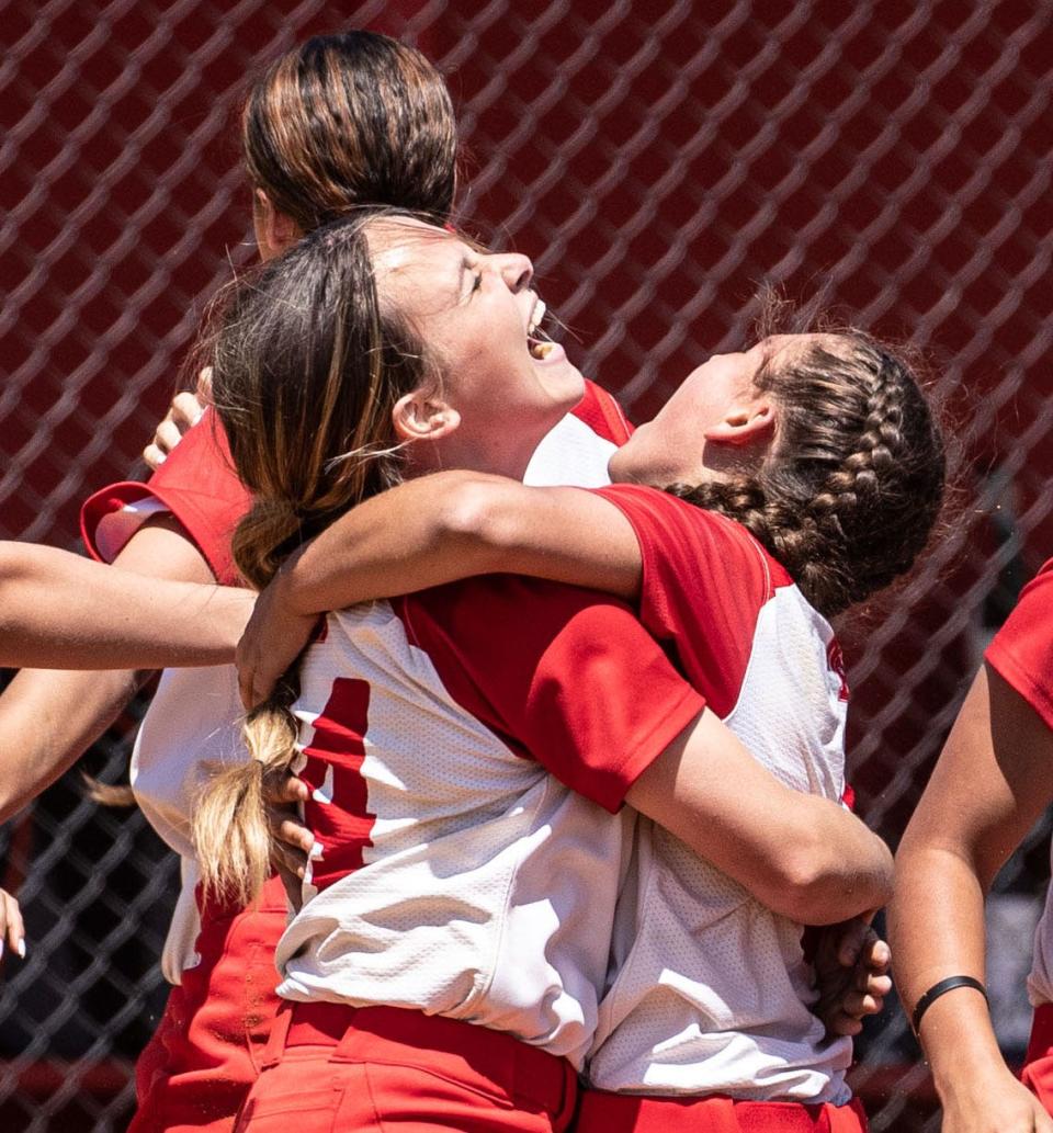 Delaney McGovern of North Rockland celebrates after North Rockland defeated White Plains 3-2 in the Section 1 Class AA softball championship at North Rockland High School May 27, 2023. McGovern was the winning pitcher. 