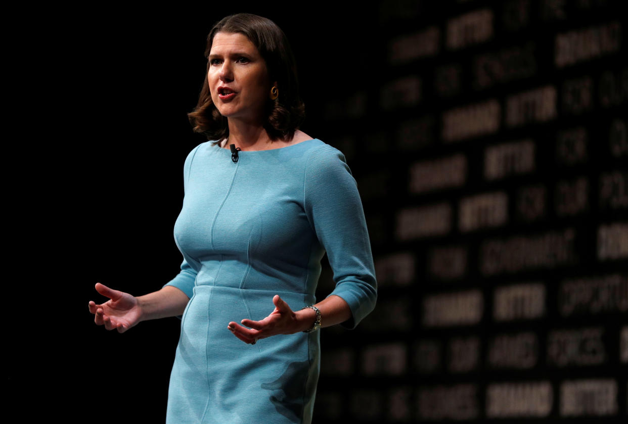 Leader of Britain's Liberal Democrats Jo Swinson delivers her speech at the yearly party conference in Bournemouth, Britain September 17, 2019.   REUTERS/Peter Nicholls