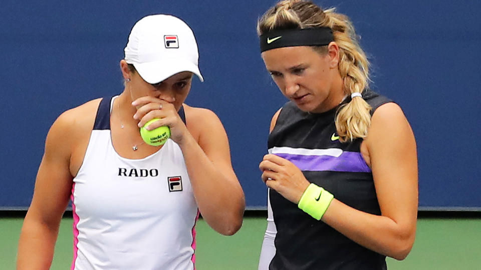 Ash Barty and Victoria Azarenka, pictured here in action at the US Open.