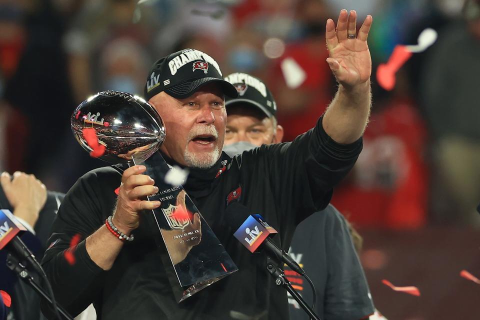 Head coach Bruce Arians of the Tampa Bay Buccaneers lifts the Lombardi Trophy after defeating the Kansas City Chiefs in Super Bowl LV at Raymond James Stadium on February 07, 2021 in Tampa, Florida. The Buccaneers defeated the Chiefs 31-9. Arians attended York Catholic and graduated from York High (William Penn) in 1970.