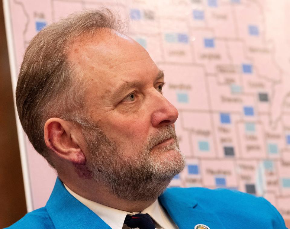 State Rep. Timothy Ramthun listens after speaking at a rally supporting the legally impossible act of overturning Wisconsin's 2020 presidential election Tuesday, February 15, 2022 at the Capitol in Madison, Wis.