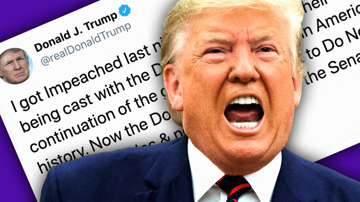 President Donald Trump's post impeachment tweets. (Photo illustration: Yahoo News; photo: AP)