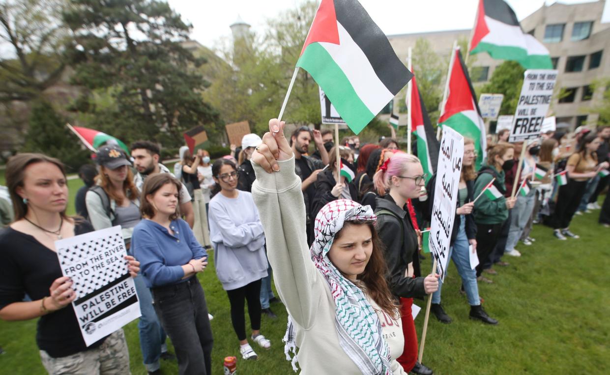 Students gather for a pro-Palestinian protest at Iowa State University’s central campus on May 1, 2024, in Ames, Iowa.
