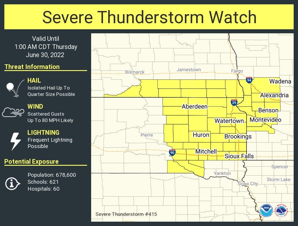 A severe thunderstorm watch has been issued for eastern South Dakota until 1 a.m. Thursday.