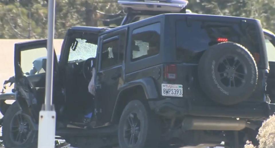 A car is seen smashed in on the Interstate 80 near Eagle Lakes Road in Nevada County.