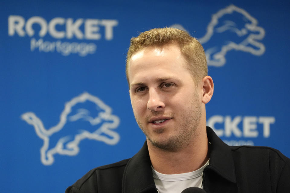 Detroit Lions quarterback Jared Goff addresses the media during an NFL football news conference, Thursday, May 16, 2024, in Allen Park, Mich. The Lions announced that they have signed Goff to a contract extension through the 2028 season. (AP Photo/Carlos Osorio)