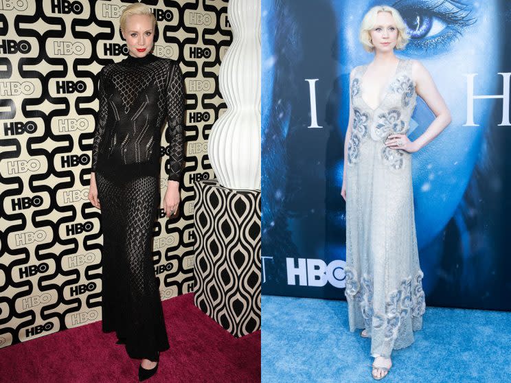 Gwendoline Christie, who plays Brienne of Tarth on HBO’s <em>Game of Thrones</em>, is the show’s most underrated style star. Here, a look at Christie in 2013, left, and 2017. (Photo: Getty Images)