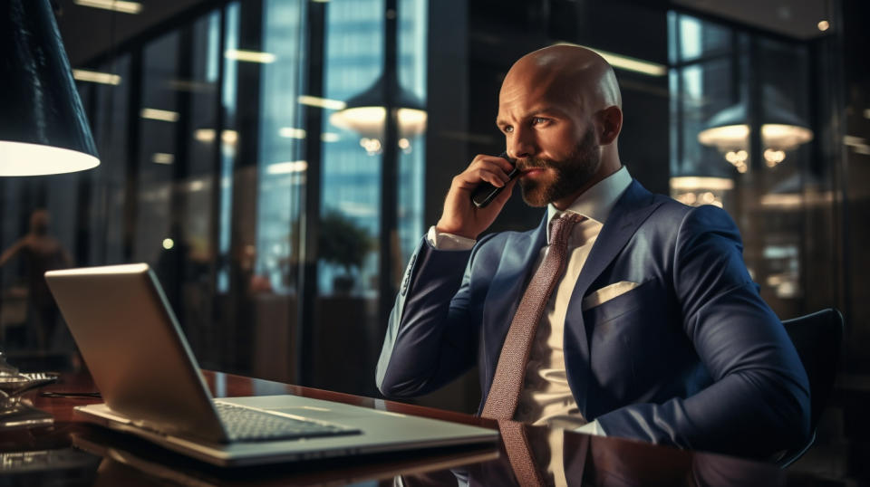 A businessman in a suit on a conference call, discussing important financial strategies.