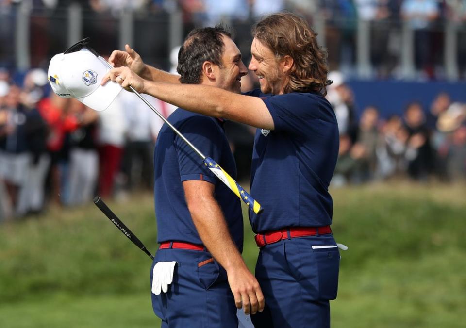 Francesco Molinari (left) and Tommy Fleetwood celebrate victory on day one of the Ryder Cup at Le Golf National (David Davies/PA) (PA Archive)