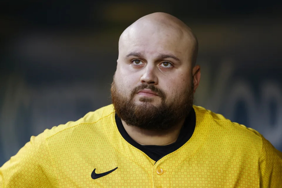  Pittsburgh Pirates first baseman Rowdy Tellez (44) looks on in the dugout during an MLB game against the Seattle Mariners on August 16, 2024 at PNC Park in Pittsburgh, Pennsylvania. (Photo by Joe Robbins/Icon Sportswire via Getty Images)