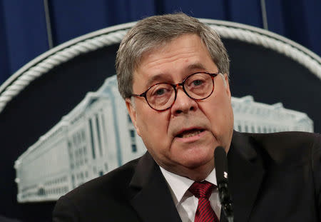 FILE PHOTO: U.S. Attorney General William Barr speaks at a news conference to discuss Special Counsel Robert Mueller’s report on Russian interference in the 2016 U.S. presidential race, in Washington, U.S., April 18, 2019. REUTERS/Jonathan Ernst/File Photo