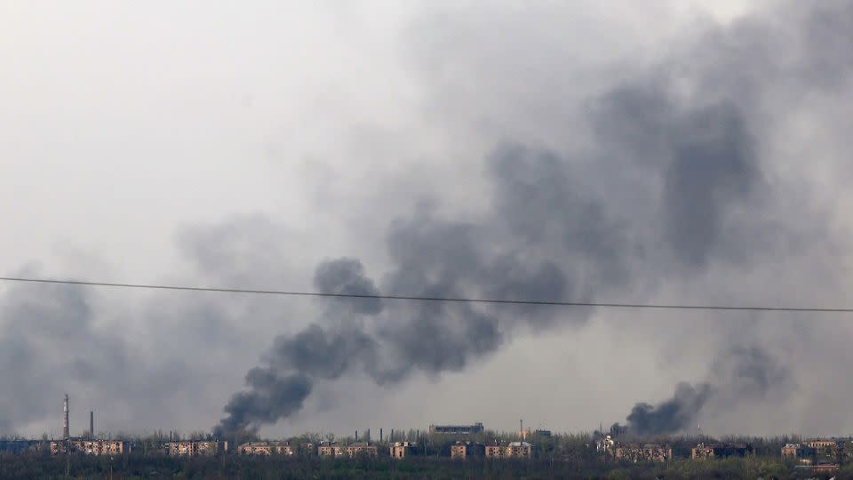 Smoke rises after a bombing near the town of Chasiv Yar, in the Donetsk region of Ukraine on April 11, 2024. - Anatolii Stepanov/AFP/Getty Images