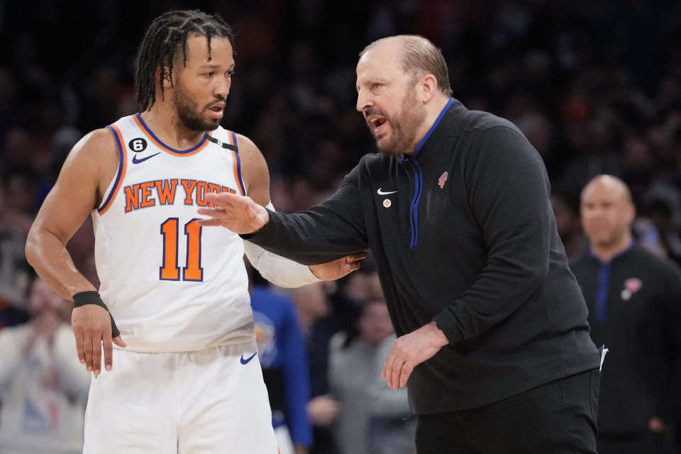 New York Knicks guard Jalen Brunson (11) talks to head coach Tom Thibodeau in the second half of Game 4 in an NBA basketball first-round playoff series against the Cleveland Cavaliers, Sunday, April 23, 2023, at Madison Square Garden in New York. The Knicks won 102-93. (AP Photo/Mary Altaffer)