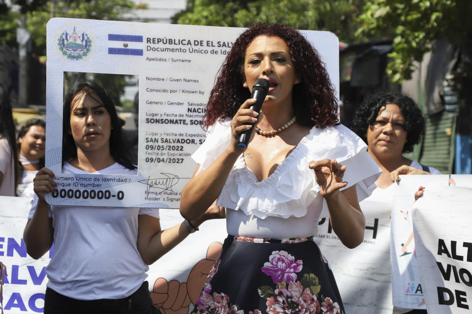 Arantza Rivas, a transgender woman, speaks during a protest in front of Congress demanding the approval of a law that would allow a person to change name and gender on identity documents, marking the International Day Against Homophobia, Biphobia and Transphobia, a global call to protect the rights of LGBTQI+ people, in San Salvador, El Salvador, Wednesday, May 17, 2023. (AP Photo/Salvador Melendez)